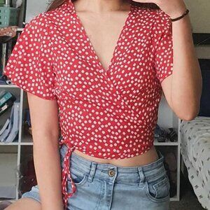 Surplice Neck Knot Side Ditsy Floral Top